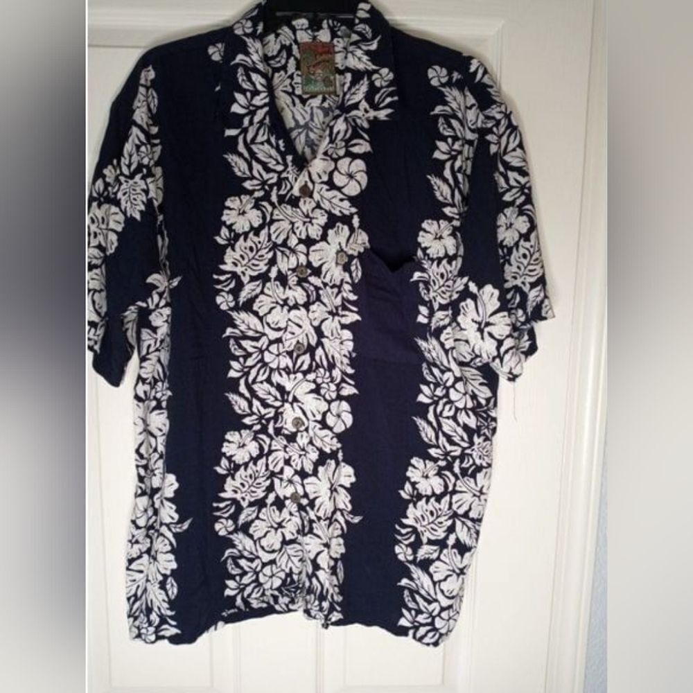 Pineapple Connection Hawaiian Men's Shirt Pocket L Navy/WhiteFloral PatternRayon